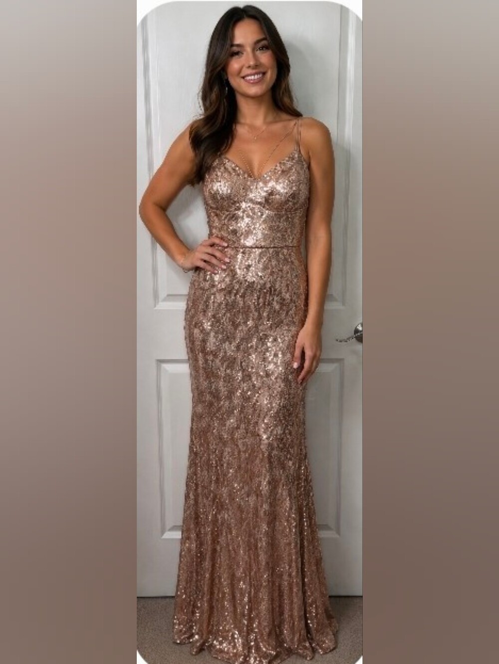 Speechless Rose Gold Sequin Maxi Dress Formal Gown Spaghetti Strap Size 11